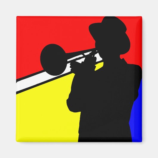 Silhouette trombone-speler, mondrian style art magneet (Voorkant)