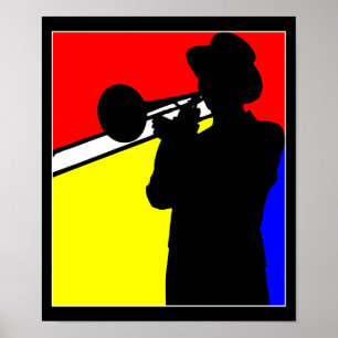 Silhouette trombone-speler, mondrian style art poster