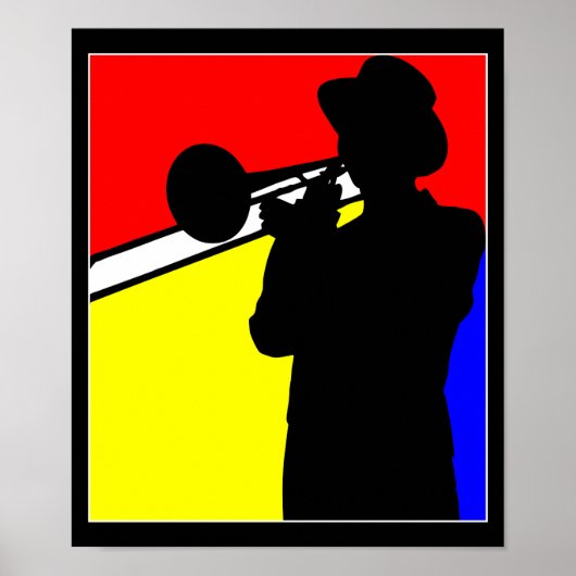 Silhouette trombone-speler, mondrian style art poster (Voorkant)