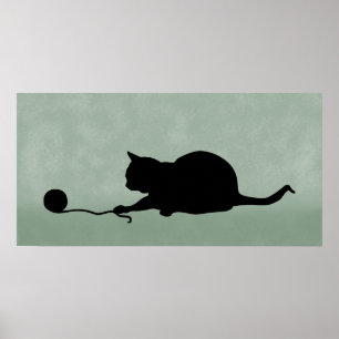 Silhouette van Cat bij Play Black op Muted Green Poster
