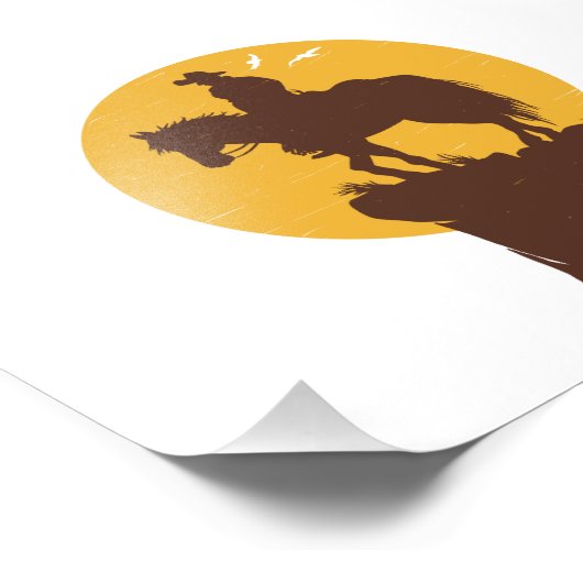 Silhouette van cowboy-rijdend paard bij zonsonderg foto afdruk (Hoek)