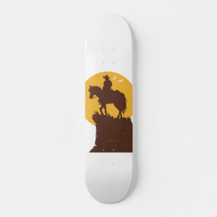 Silhouette van cowboy-rijdend paard bij zonsonderg persoonlijk skateboard