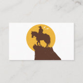 Silhouette van cowboy-rijdend paard bij zonsonderg visitekaartje (Achterkant)