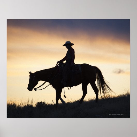 Silhouette van een Cowgirl op haar paard tegen het Poster (Voorkant)
