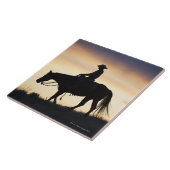 Silhouette van een Cowgirl op haar paard tegen het Tegeltje (Zijkant)