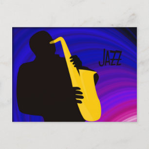 Silhouette van een jazzspeler, blauw en paars briefkaart