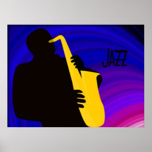Silhouette van een jazzspeler, blauw en paars poster