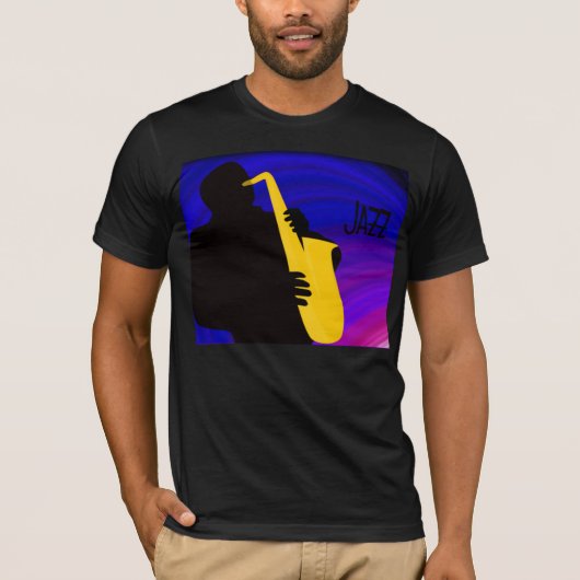 Silhouette van een jazzspeler, blauw en paars t-shirt (Voorkant)