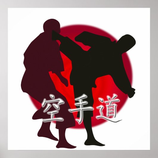 Silhouette van een Karate Fight. Achtergrond rode  Poster (Voorkant)
