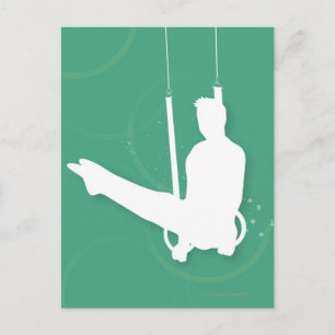 Silhouette van een man dat gymnastiek uitvoert briefkaart