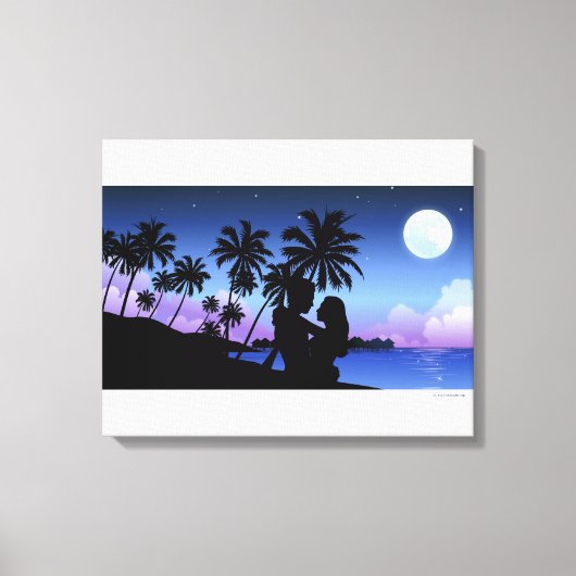 Silhouette van een paar dat op het strand omarmt canvas afdruk (Voorkant)