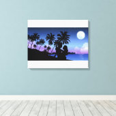 Silhouette van een paar dat op het strand omarmt canvas afdruk (Insitu (Houten vloer))