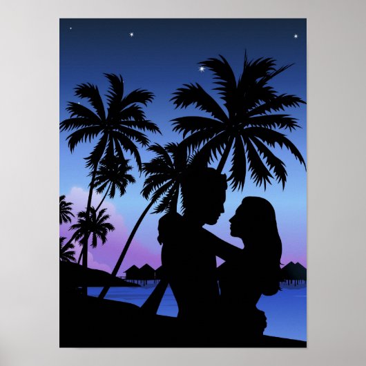 Silhouette van een paar dat op het strand omarmt poster (Voorkant)
