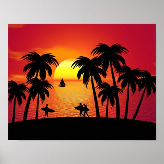 Silhouette van een tropisch eiland op Sunset Poster (Voorkant)