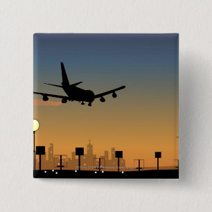 Silhouette van een vliegtuig tijdens de vlucht vierkante button 5,1 cm