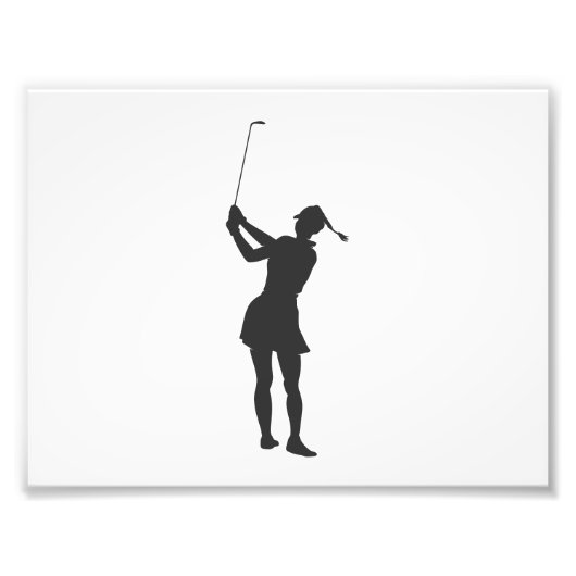 Silhouette van een vrouw die golf speelt foto afdruk (Voorkant)