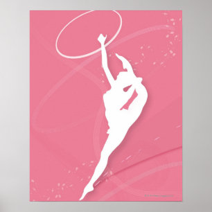 Silhouette van een vrouw gymnast die met een poster