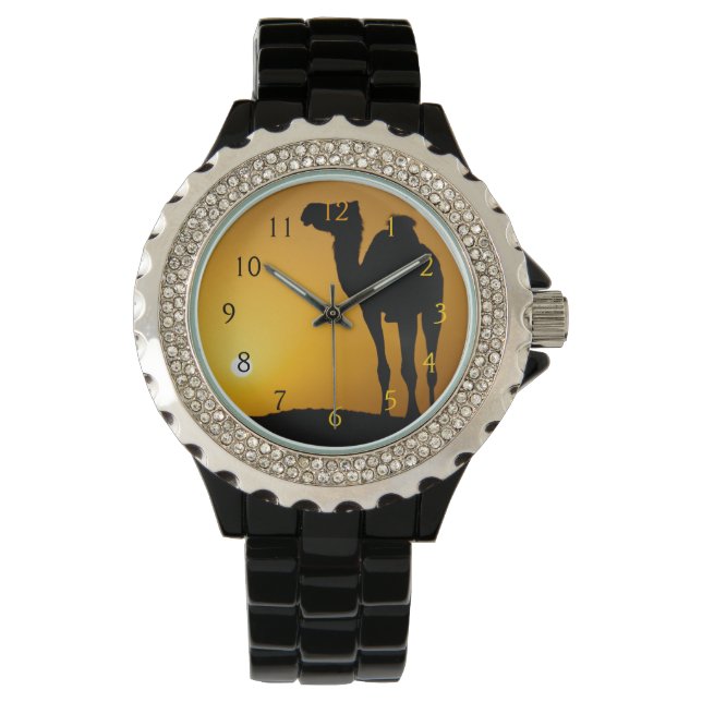 Silhouette van een wilde kameel bij zonsondergang horloge (Voorkant)