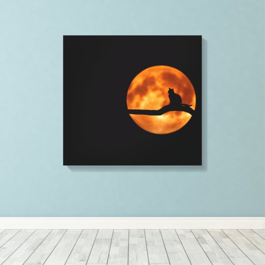 Silhouette van een zwarte kat in een boom canvas afdruk (Insitu (Houten vloer))