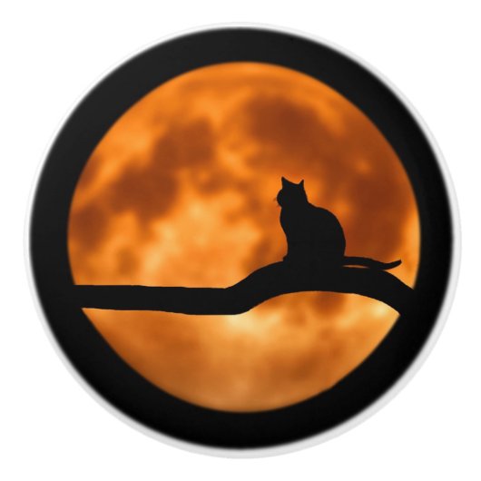 Silhouette van een zwarte kat in een boom keramische knop (Voorkant)