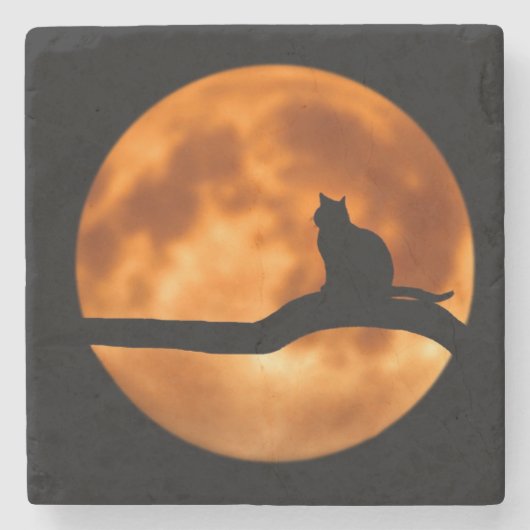 Silhouette van een zwarte kat in een boom stenen onderzetter (Voorkant)