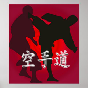 Silhouette van Karate Fighters op een Rode Achterg Poster