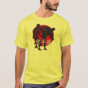 Silhouette van Karate gevecht, rode cirkelachtergr T-shirt