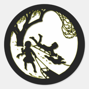 Silhouette van kinderen die met hun hond slikken ronde sticker