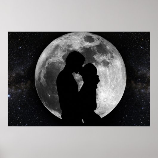 Silhouette van liefhebbers op volle maan 's nachts poster (Voorkant)