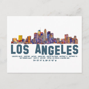 Silhouette van Los Angeles. Gebieds namen en Coörd Briefkaart