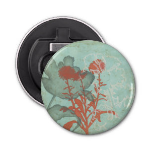 Silhouette van Rode Bloemen op Blauwgroen Achtergr Button Flesopener