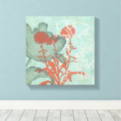 Silhouette van Rode Bloemen op Blauwgroen Achtergr Canvas Afdruk (Insitu (Houten vloer))