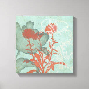 Silhouette van Rode Bloemen op Blauwgroen Achtergr Canvas Afdruk