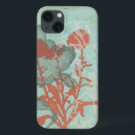 Silhouette van Rode Bloemen op Blauwgroen Achtergr iPhone 13 Hoesje<br><div class="desc">Drie rode bloemen contrasteren tegen een blauwgroen achtergrond in dit schilderij van Megan Meagher. Een silhouet van een andere bloem leunt naar links van de druk. Een eenvoudig stuk met veel aan de hand. Dit zou een leuk cadeau zijn voor een vriend of geliefde die van kunst houdt!</div>