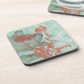 Silhouette van Rode Bloemen op Blauwgroen Achtergr Drankjes Onderzetter (Linkerzijde)