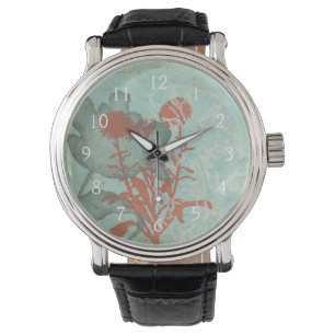 Silhouette van Rode Bloemen op Blauwgroen Achtergr Horloge