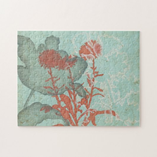 Silhouette van Rode Bloemen op Blauwgroen Achtergr Legpuzzel (Horizontaal)