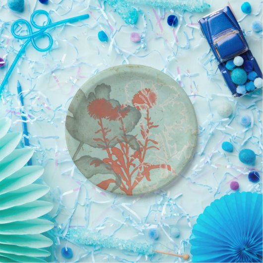 Silhouette van Rode Bloemen op Blauwgroen Achtergr Papieren Bordje (Feest)