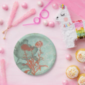 Silhouette van Rode Bloemen op Blauwgroen Achtergr Papieren Bordje (Feest)