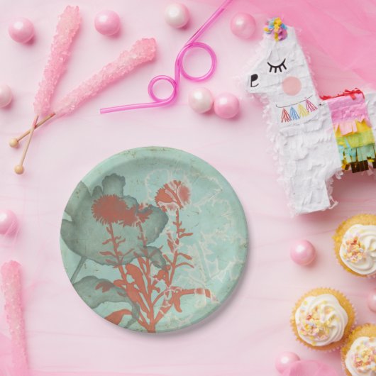 Silhouette van Rode Bloemen op Blauwgroen Achtergr Papieren Bordje (Feest)