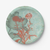 Silhouette van Rode Bloemen op Blauwgroen Achtergr Papieren Bordje (Voorkant)