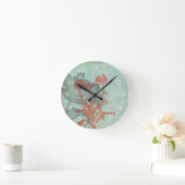 Silhouette van Rode Bloemen op Blauwgroen Achtergr Ronde Klok (Huis)