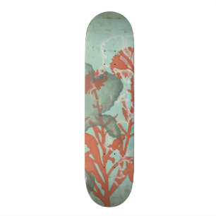 Silhouette van Rode Bloemen op Blauwgroen Achtergr Skateboard