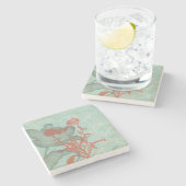 Silhouette van Rode Bloemen op Blauwgroen Achtergr Stenen Onderzetter (Zijkant)