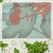 Silhouette van Rode Bloemen op Blauwgroen Achtergr Theedoek (Gevouwen)