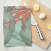 Silhouette van Rode Bloemen op Blauwgroen Achtergr Theedoek (Quarter Fold)