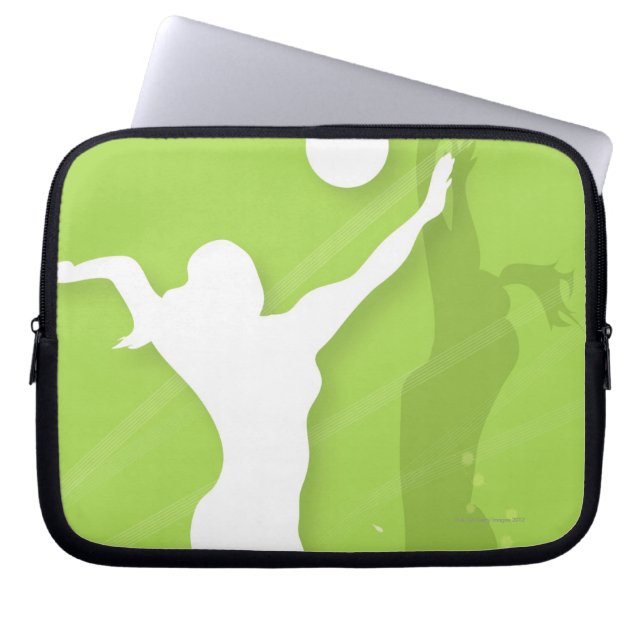 Silhouette van twee vrouwen die volleybal spelen laptop sleeve (Voorkant)