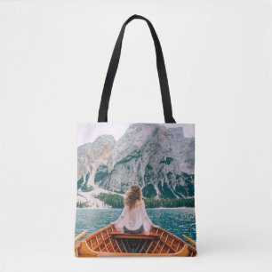 Silhouette Vrouw Alpine Lake Natuur Tote Bag