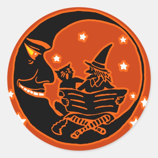 Silhouette Witch Cat en Moon Ronde Sticker (Voorkant)
