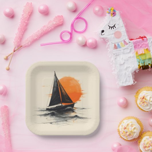 Silhouette zeilboot schets met Oranje zon Papieren Bordje (Feest)